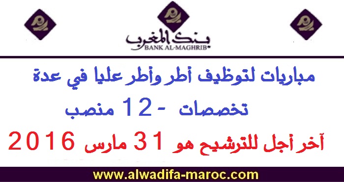 بنك المغرب: مباريات لتوظيف أطر وأطر عليا في عدة تخصصات  -12 منصب- آخر أجل للترشيح هو 31 مارس 2016